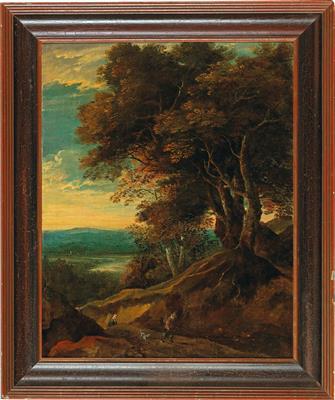 A hilly, tree-clustered landscape with travellers by 
																			Jacques d'Arthois