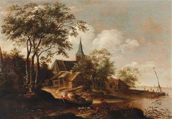 A river landscape with a village church and a ferry boat by 
																			J Op't Wat