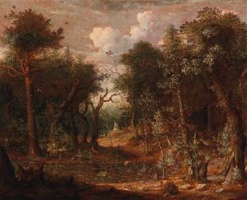 A forest landscape with a bear in the foreground by 
																			Franz Rosel von Rosenhof