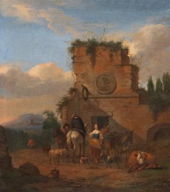 An Italian landscape with shepherds in front of a ruin by 
																			Abraham Begeyn