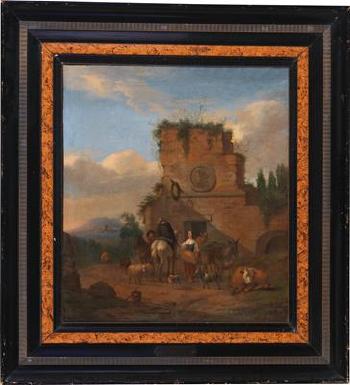 An Italian landscape with shepherds in front of a ruin by 
																			Abraham Begeyn