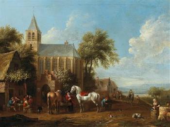 Horsemen resting outside a tavern by 
																			Cornelis van Essen