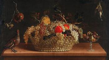 Grapes and other fruit in a basket on a table by 
																			Juan van der Hamen y Leon