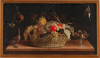 Grapes and other fruit in a basket on a table by 
																			Juan van der Hamen y Leon