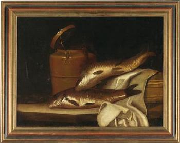 A still life with a carp before a copper kettle by 
																			Pierre Nichon