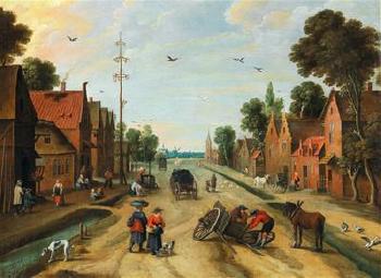 A village road with an overturned horse-drawn cart by 
																			Frans de Momper