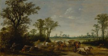 Landscape with Travelers Ambushed on a Road at the Edge of a Forest by 
																	Pieter de Neyn
