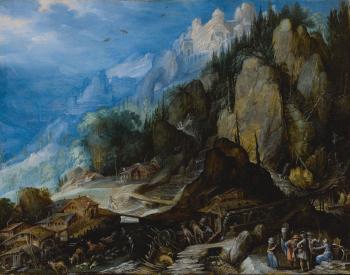 A Mountainous Village Landscape with Waterfalls, Mills, a Castle on a Hill, Various Animals, and Figures in the Foreground by 
																	Frederik van Valckenborch