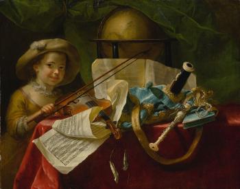 Still Life of Musical Instruments, A Globe and Other Objects on A Table Draped In A Red Velvet Cloth, with A Young Girl Holding A Bow by 
																	Nicolas Henry Jeaurat de Bertry