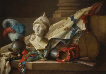 A Bust of Minerva, Armour, Muskets, A Drum, A Standard, The Baton of Command of A Marechal De France, A Laurel Wreath and The Orders of Saint-louis and of The Saint-esprit, All on A Stone Ledge by 
																	Anne Vallayer-Coster