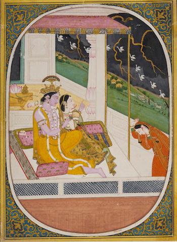 Radha and Krishna Watching a Storm by 
																	Purkhu of Kangra