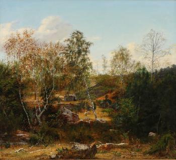 Swedish landscape with a resting boy and a dog by 
																			Christian Thorrestrup