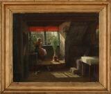 Interior with an old lady knitting by the window by 
																			David Monies