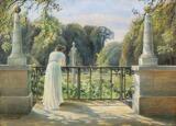 A woman on a balcony overlooking a park by 
																			Charlotte Frimodt