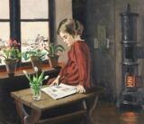 Interior with a girl reading by the window by 
																			Christian Aigens