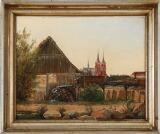 Landscape with a watermill and Roskilde Cathedral in the background by 
																			Andreas Juuel