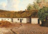 Landscape with hens in the courtyard along a thatched house by 
																			Louise Christiane Ravn-Hansen