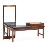 A rosewood hall set comprising bench with drawer section and loose cushion upholstered with black imitated leather and a rectangular mirror by 
																			C F Christensen