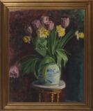 Still life with tulips and daffodil by 
																			Arne Johannesen