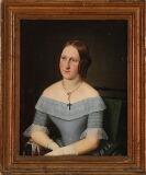 Portrait of a young woman wearing a blue dress and lace gloves by 
																			Andreas Hunaeus
