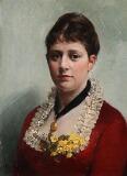 Portrait of a woman in a red dress and with a gold locket around her neck by 
																			August Jerndorff