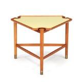 Triangular mahogany coffee table, frame with slightly convex stretchers and shoes of brass by 
																			William Watting