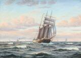 Seascape with sailing ships in evening light by 
																			Frants Landt