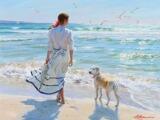 Beach scene with a young woman and her dog by 
																			Alexandre Averin