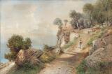 Rocky coast with a woman and children on a mountain road by 
																			Ascan Lutteroth