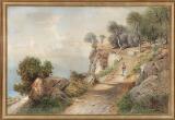 Rocky coast with a woman and children on a mountain road by 
																			Ascan Lutteroth