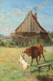 A calf and a goat playing by 
																			Adolf Mackeprang