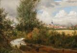 Scenery with a stream and a village in the distance by 
																			Carl Wurtzen