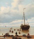 Coastal view with people offloading a ship by 
																			Friedrich Wilhelm Fabarius