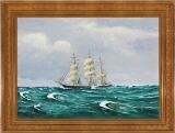 Seascape with a sailing ship by 
																			Frants Landt