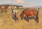 Landscape with a farmer pulling his horse in the field by 
																			Knud Edsberg