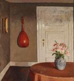 Interior with pink flowers in a vase by 
																			Edvard Olund-Hansen