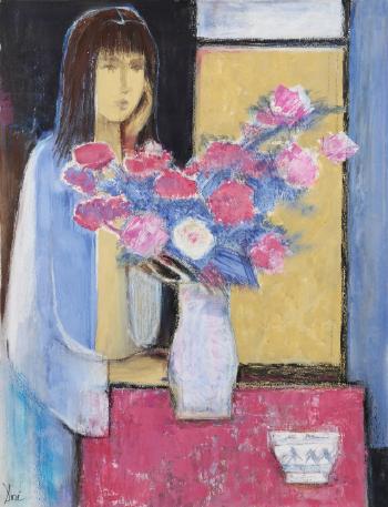 Woman in blue with flowers by 
																			Jose Canes