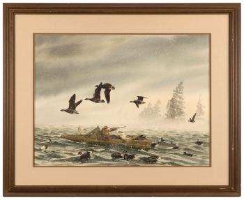 Laid Out Off Whiskey Creek Netarts Bay, Oregon (1972), hunter with geese in a snow flurry by 
																			David Hagerbaumer