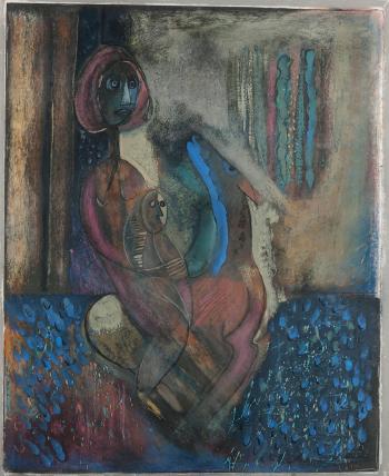 Abstract depicting a mother and child on a deer by 
																			Mary Zarbano