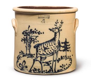Very Rare Cobalt-Blue Decorated Spotted Stag in a Landscape Four Gallon Crock by 
																	 J and E Norton