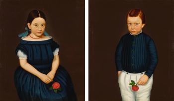 Pair of Portraits: Young Girl With Blue Hair Ribbons And Blue Dress Holding A Rose; Young Red-haired Boy With A Pleated Blue Top, White Trousers Holding A Rose by 
																	 Prior-Hamblin School