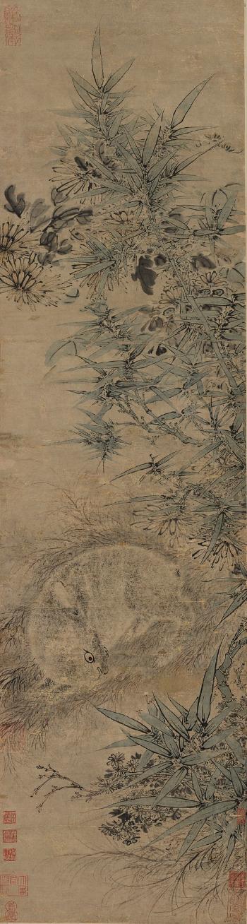 Wild Rabbit Amongst Bamboo And Chrysanthemum by 
																	 Tao Cheng