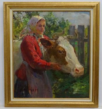 Farm Girl With A Cow by 
																			 Russian School