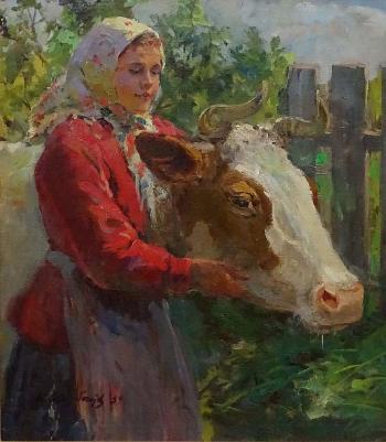 Farm Girl With A Cow by 
																			 Russian School