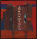 Abstraksi Bidang Merah dan Bongkahan Emas, Ungu, Pirus dan Biru (Abstraction in Red with Fragments of Gold, Purple, Turquoise and Blue) by 
																			Umi Dachlan