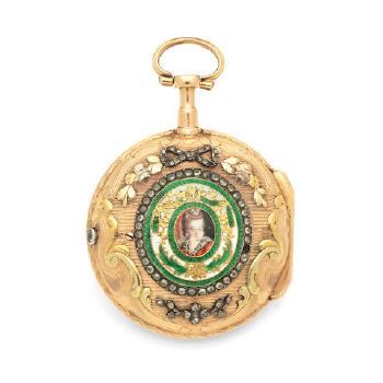 Dufour Ceret & Cie Ferney France. A Tri-Colour Gold Key Wind Open Face Pocket Watch With Enamel Portrait Miniature by 
																	 Dufour
