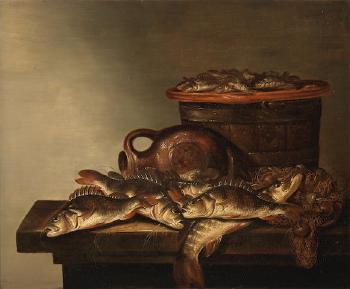 Fish, a fishing basket and net on a table-top by 
																	Pieter de Putter