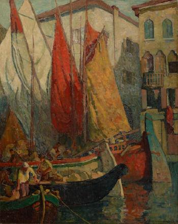 Fishermen and their boats along a Venetian canal by 
																	Maurice Askenazy