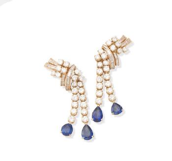 A Pair Of Sapphire And Diamond Pendent Earclips By Fred Circa 1980 by 
																	 Fred