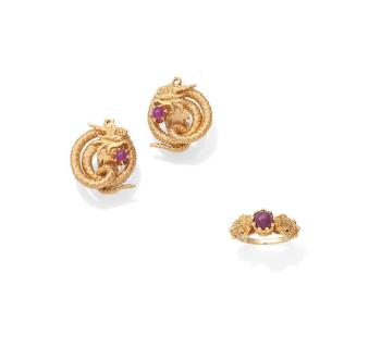 A Pair Of Ruby Earclips And A Ruby Ring By Lalaounis by 
																	Ilias Lalaounis
